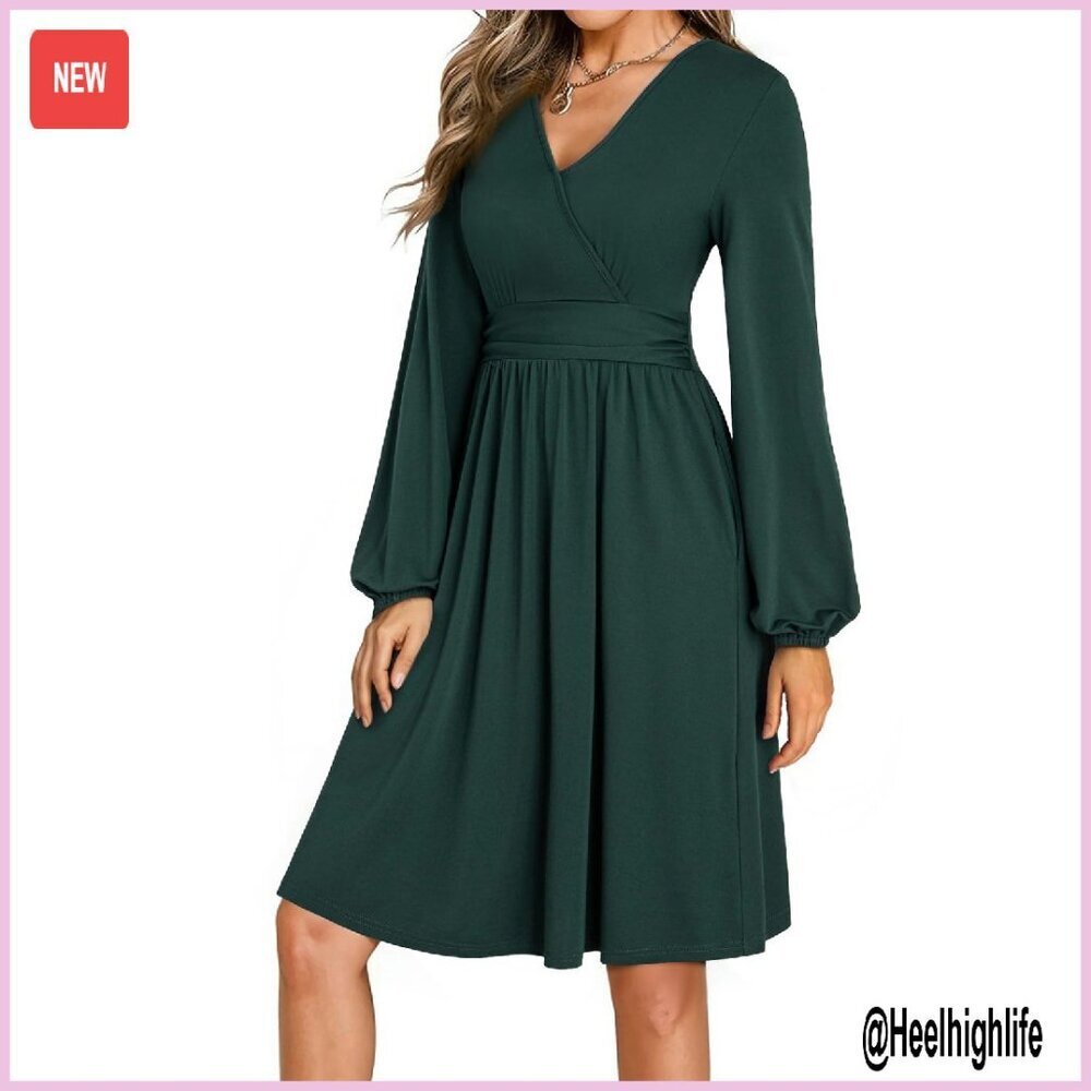 Wrap V-Neck Long Sleeve Empire Waist Mini Dress with Pockets